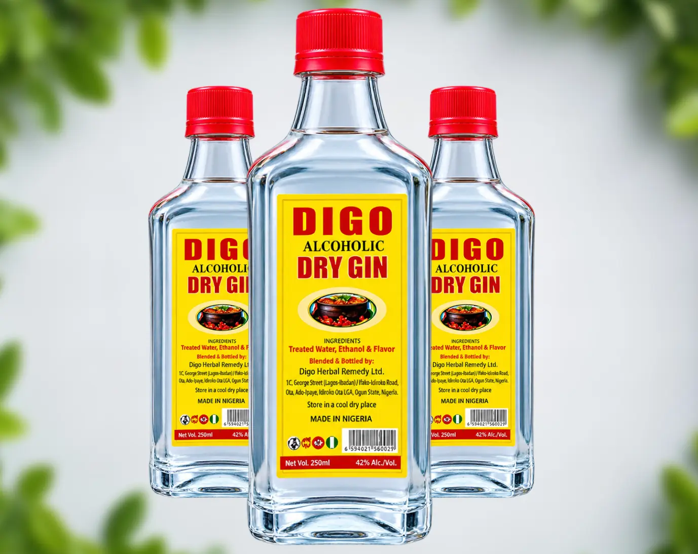Digo Alcoholic Dry Gin bottles, 250ml, 42% Alc/Vol
